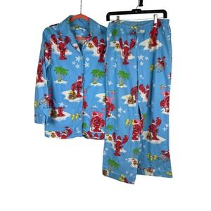 Nick & Nora Womens Santa Lobster Tropical Christmas Flannel Pajama Set Blue S